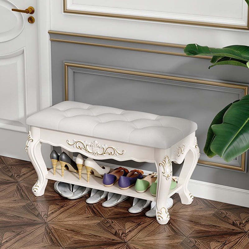 European Rectangular Engraved Leather Wood 2-Tier Footstool — Gold Engraving