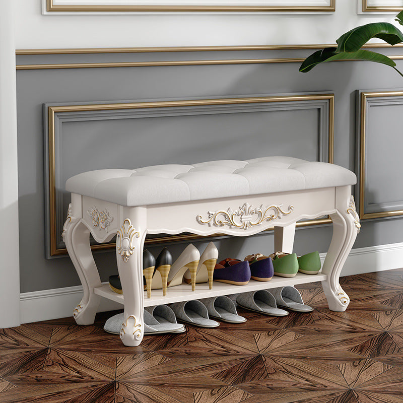 European Rectangular Engraved Leather Wood 2-Tier Footstool
