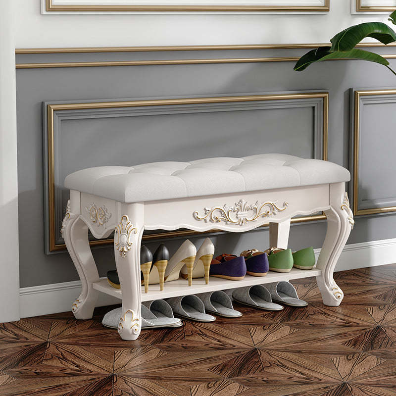 European Rectangular Engraved Leather Wood 2-Tier Footstool