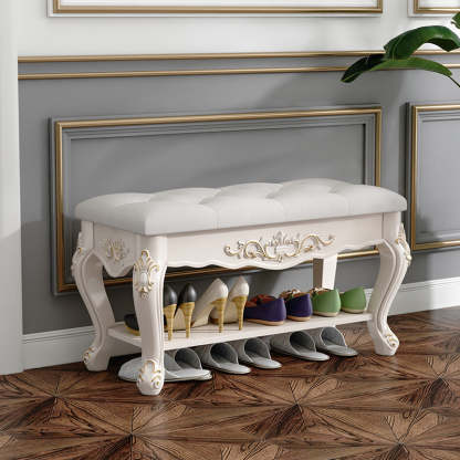 European Rectangular Engraved Leather Wood 2-Tier Footstool