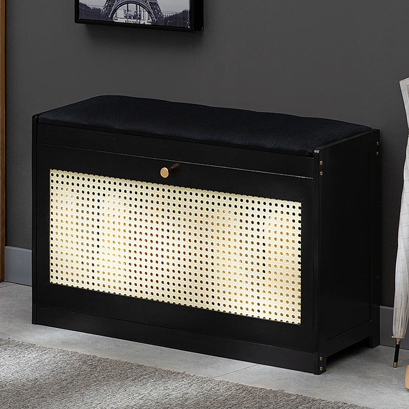 Contemporary Rectangular Fabric Bamboo Shoe Storage Bench — Black