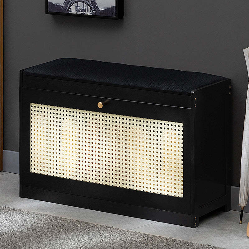 Contemporary Rectangular Fabric Bamboo Shoe Storage Bench — Black