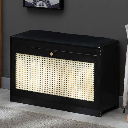 Contemporary Rectangular Fabric Bamboo Shoe Storage Bench — Black