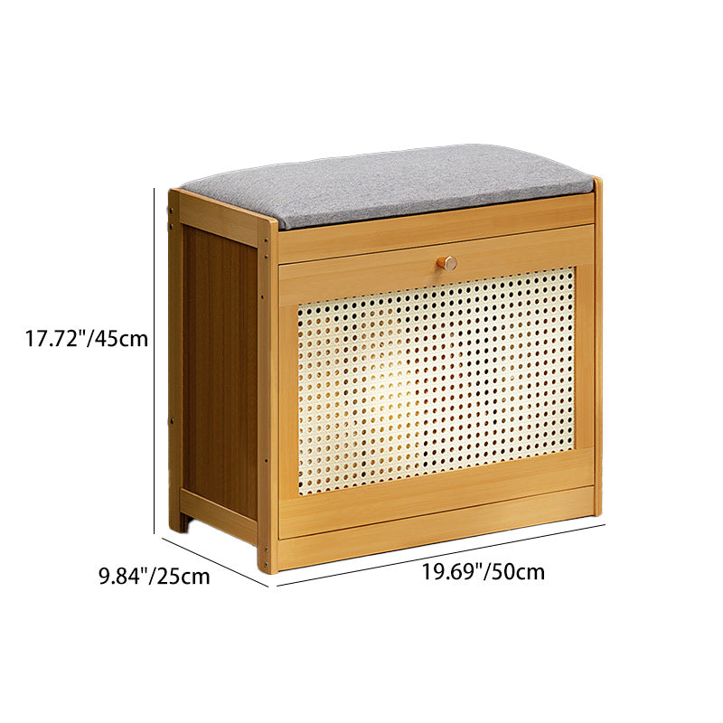 Contemporary Rectangular Fabric Bamboo Shoe Storage Bench — Wood Color