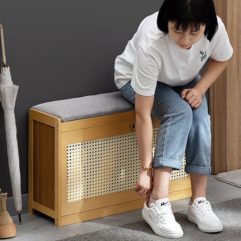 Contemporary Rectangular Fabric Bamboo Shoe Storage Bench