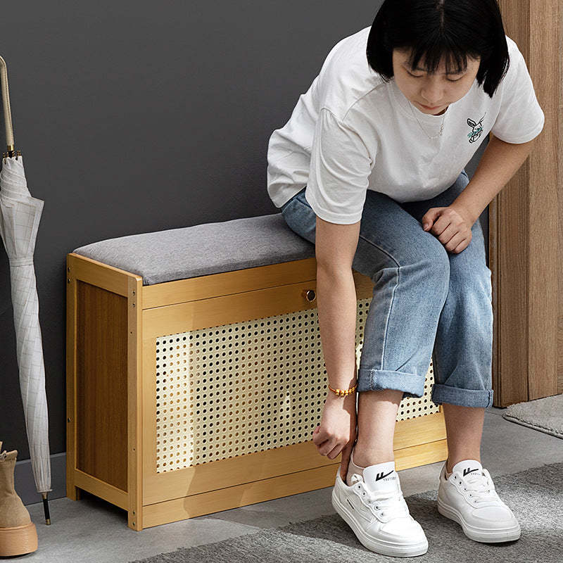 Contemporary Rectangular Fabric Bamboo Shoe Storage Bench