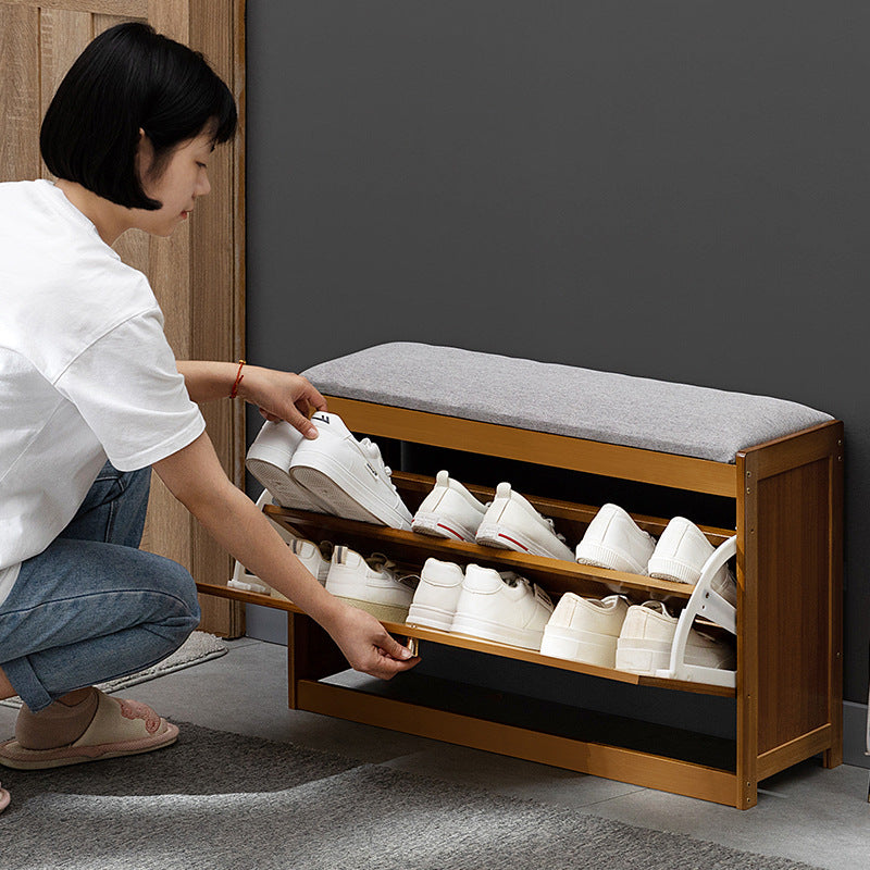 Contemporary Rectangular Fabric Bamboo Shoe Storage Bench