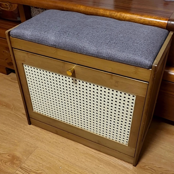 Contemporary Rectangular Fabric Bamboo Shoe Storage Bench