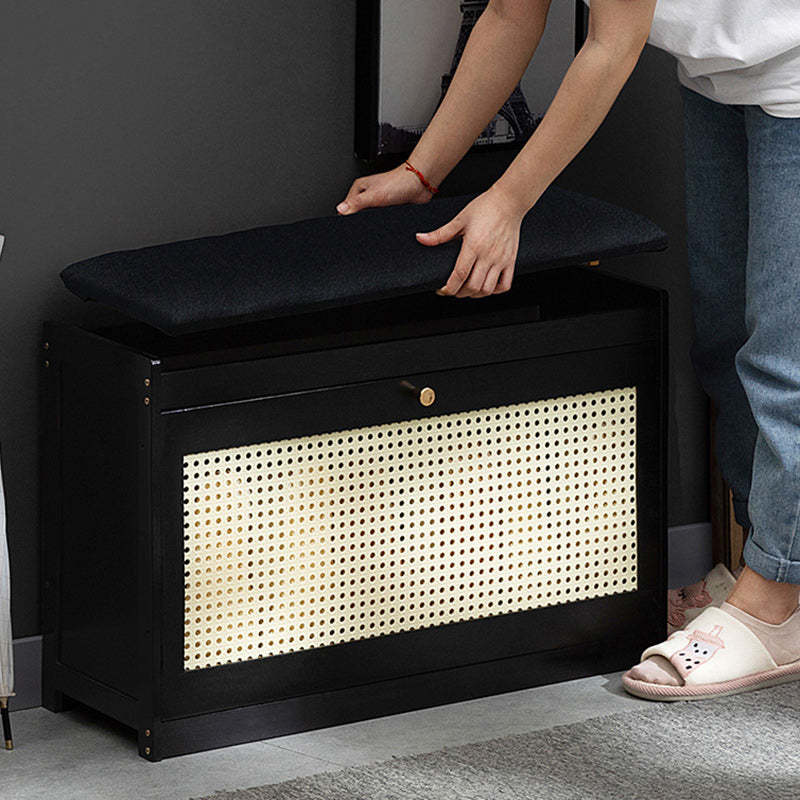 Contemporary Rectangular Fabric Bamboo Shoe Storage Bench — Black