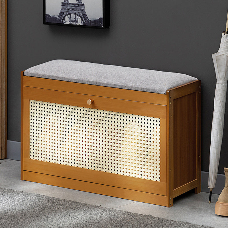 Contemporary Rectangular Fabric Bamboo Shoe Storage Bench — Brown
