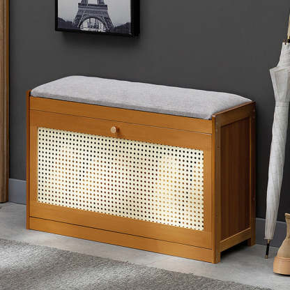 Contemporary Rectangular Fabric Bamboo Shoe Storage Bench — Brown