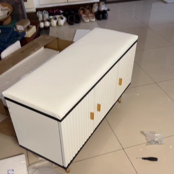 Nordic Cream Leather 2-Tier Rectangular Shoe Storage Bench