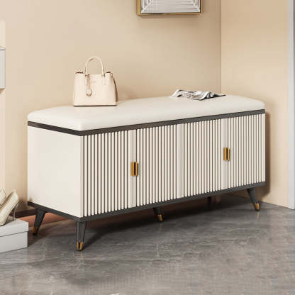 Nordic Cream Leather 2-Tier Rectangular Shoe Storage Bench — White + Gold