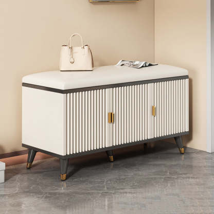 Nordic Cream Leather 2-Tier Rectangular Shoe Storage Bench — Black + Gold