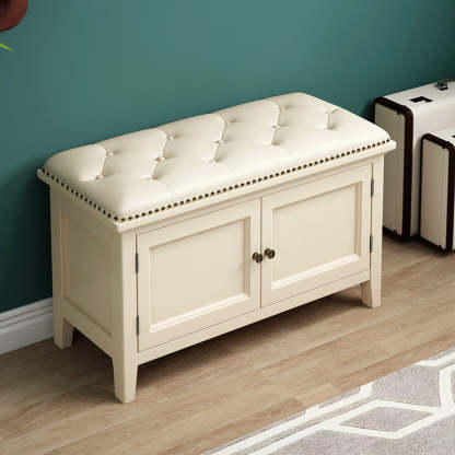 Nordic Leather Birch 2-Tier Tipping Shoe Storage Bench — Ivory Color