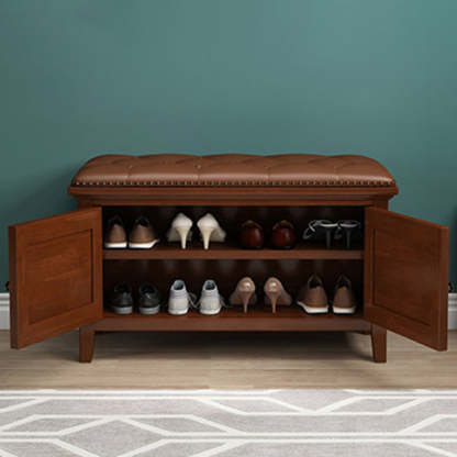 Nordic Leather Birch 2-Tier Tipping Shoe Storage Bench