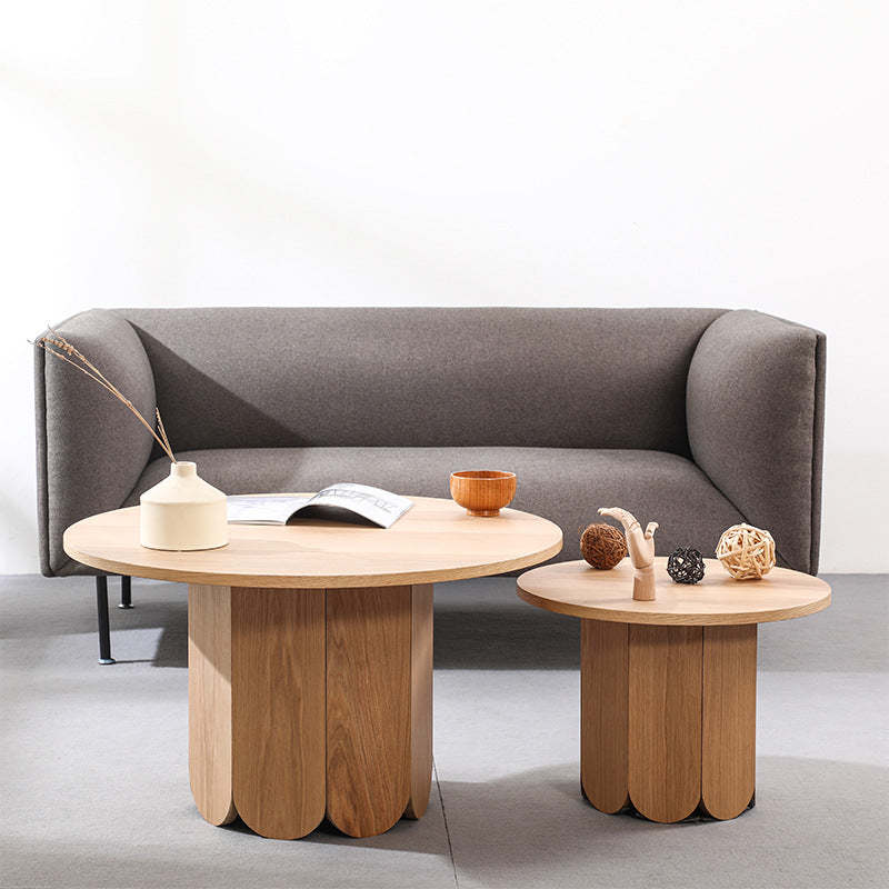 Minimalist Round Cylinder Oak Veneer 1-Tier Coffee Table