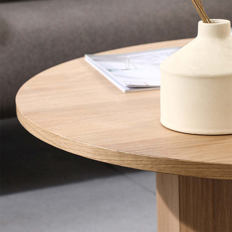 Minimalist Round Cylinder Oak Veneer 1-Tier Coffee Table