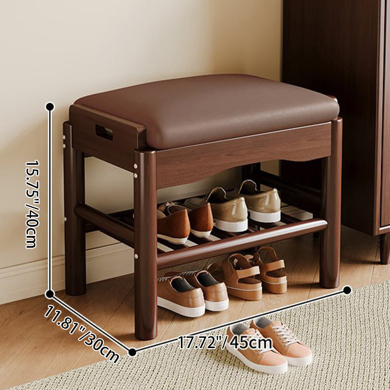 Contemporary Leather Solid Wood Backless 2-Tier Footstool — Wood Color
