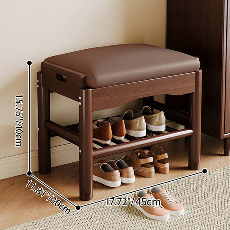 Contemporary Leather Solid Wood Backless 2-Tier Footstool — Wood Color