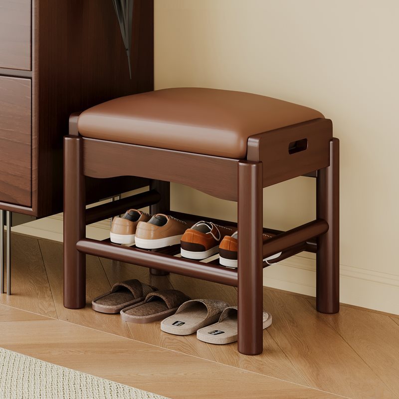 Contemporary Leather Solid Wood Backless 2-Tier Footstool — Wood Color