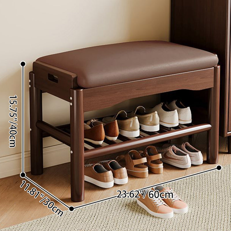 Contemporary Leather Solid Wood Backless 2-Tier Footstool — Walnut Color