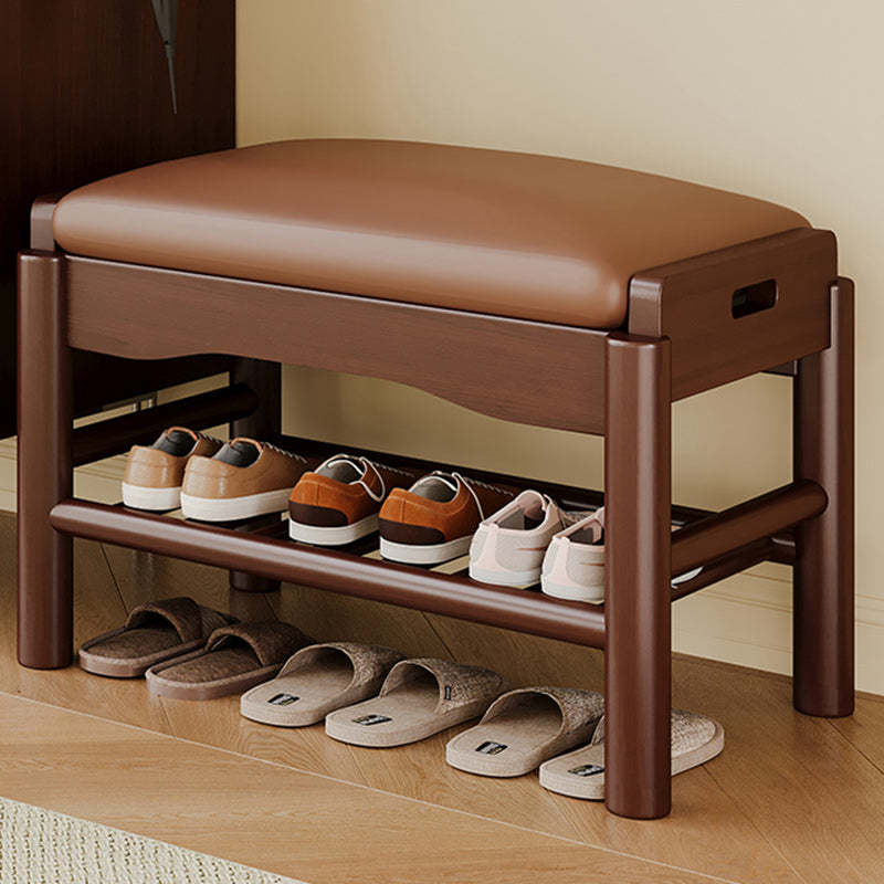 Contemporary Leather Solid Wood Backless 2-Tier Footstool — Walnut Color