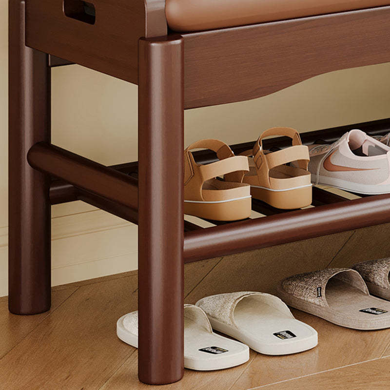 Contemporary Leather Solid Wood Backless 2-Tier Footstool — Wood Color