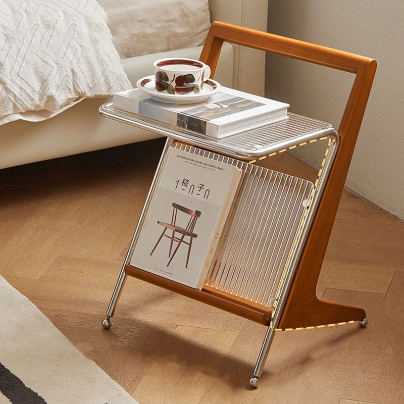 Retro Geometric Glass Solid Wood Iron 1-Tier Side Table — Cherry Wood Color