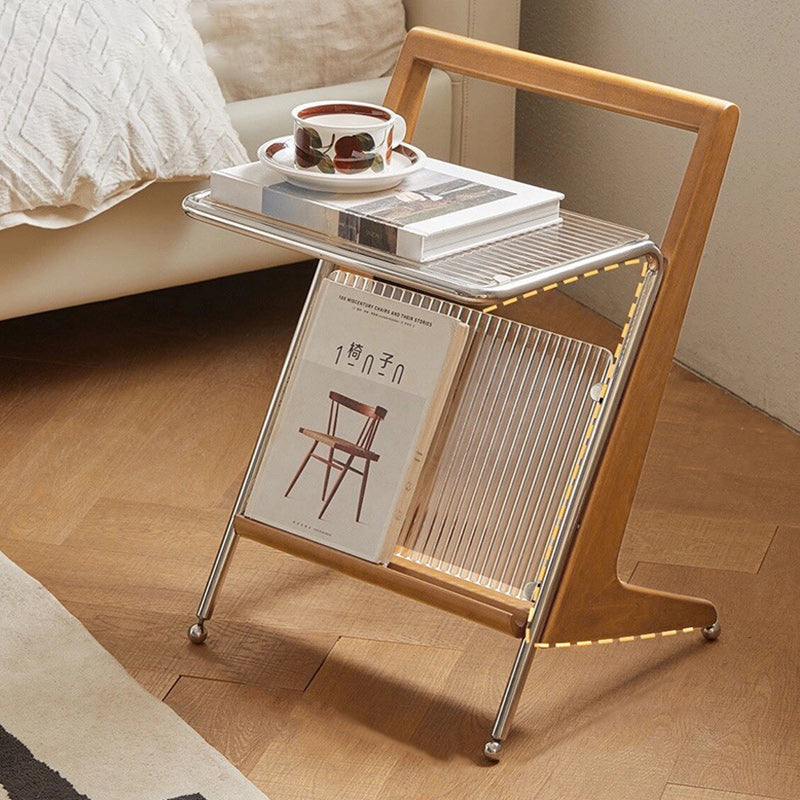 Retro Geometric Glass Solid Wood Iron 1-Tier Side Table — Wood Color