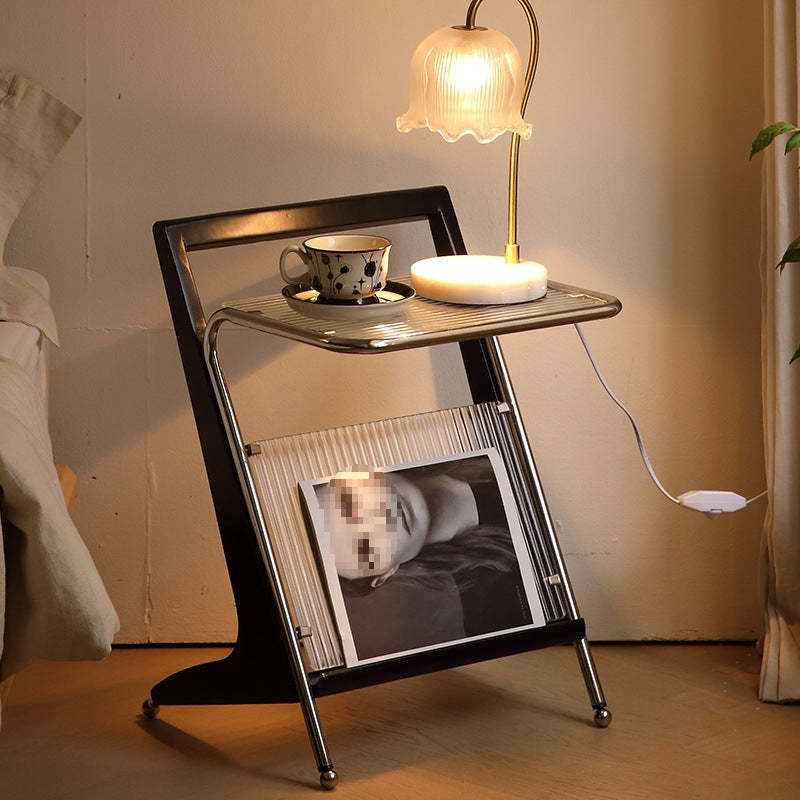 Retro Geometric Glass Solid Wood Iron 1-Tier Side Table — Antique Color