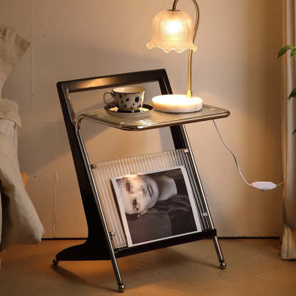 Retro Geometric Glass Solid Wood Iron 1-Tier Side Table — Antique Color
