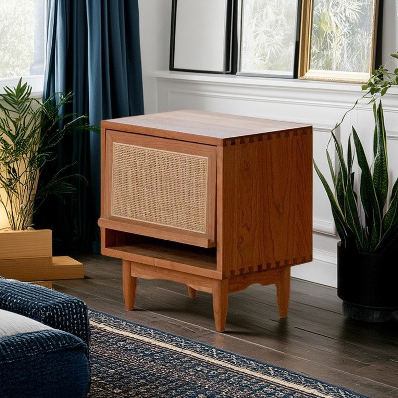 Retro Pine Cherry Wood Flip-Door 2-Tier Nightstand