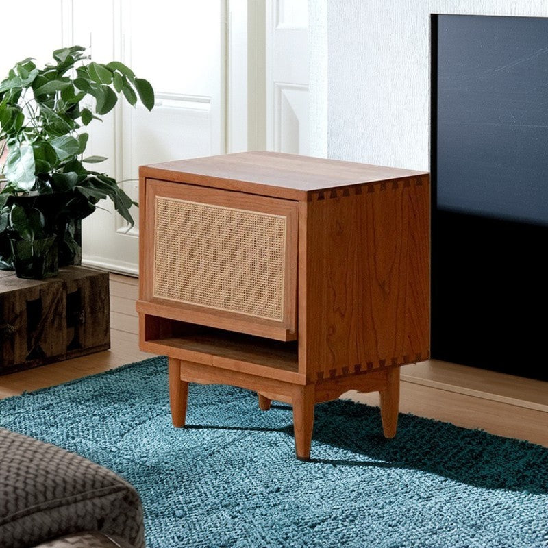 Retro Pine Cherry Wood Flip-Door 2-Tier Nightstand