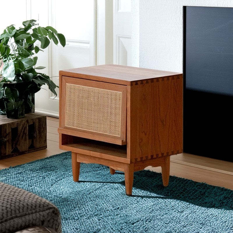 Retro Pine Cherry Wood Flip-Door 2-Tier Nightstand