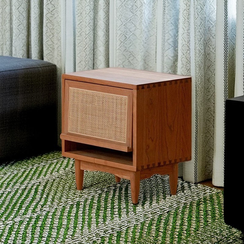 Retro Pine Cherry Wood Flip-Door 2-Tier Nightstand