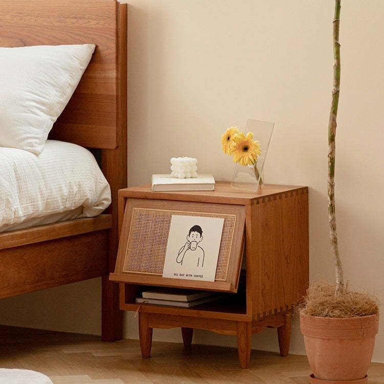 Retro Pine Cherry Wood Flip-Door 2-Tier Nightstand — Cherry Wood