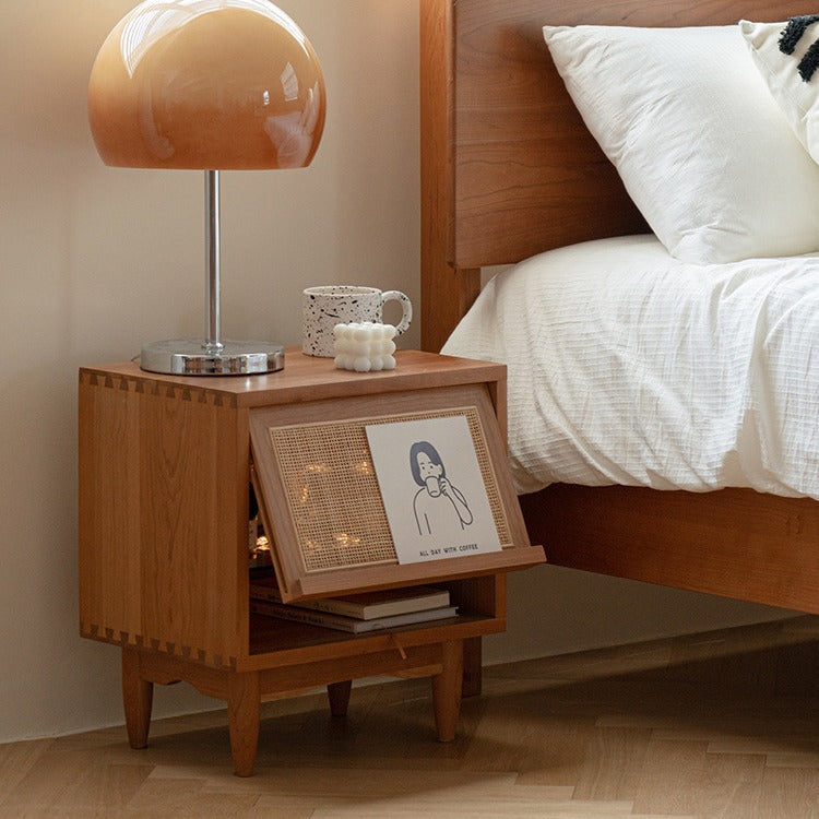 Retro Pine Cherry Wood Flip-Door 2-Tier Nightstand