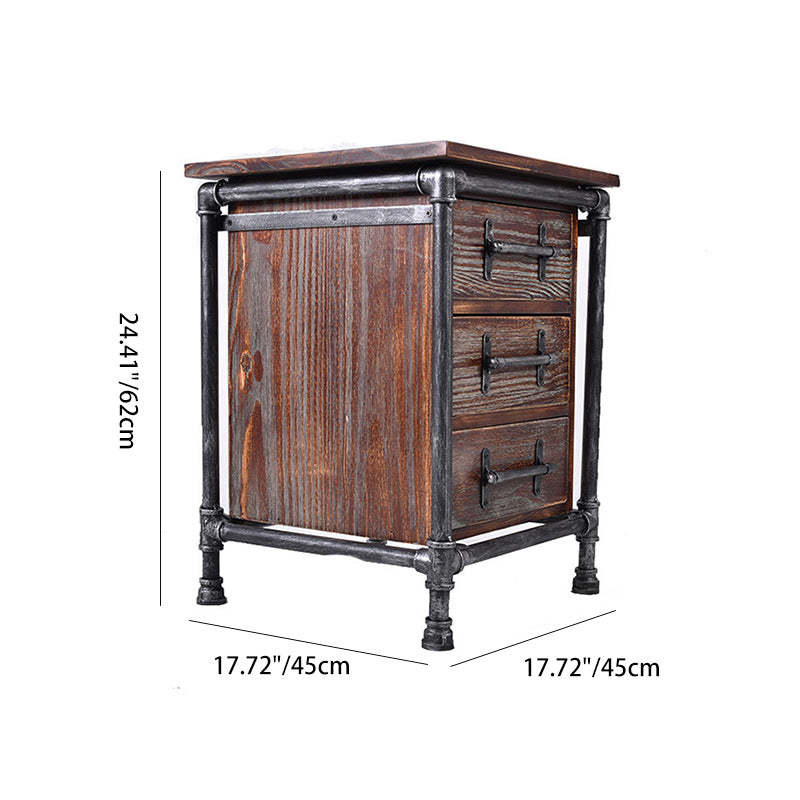 Industrial Square Iron Solid Wood 3-Drawer Nightstand