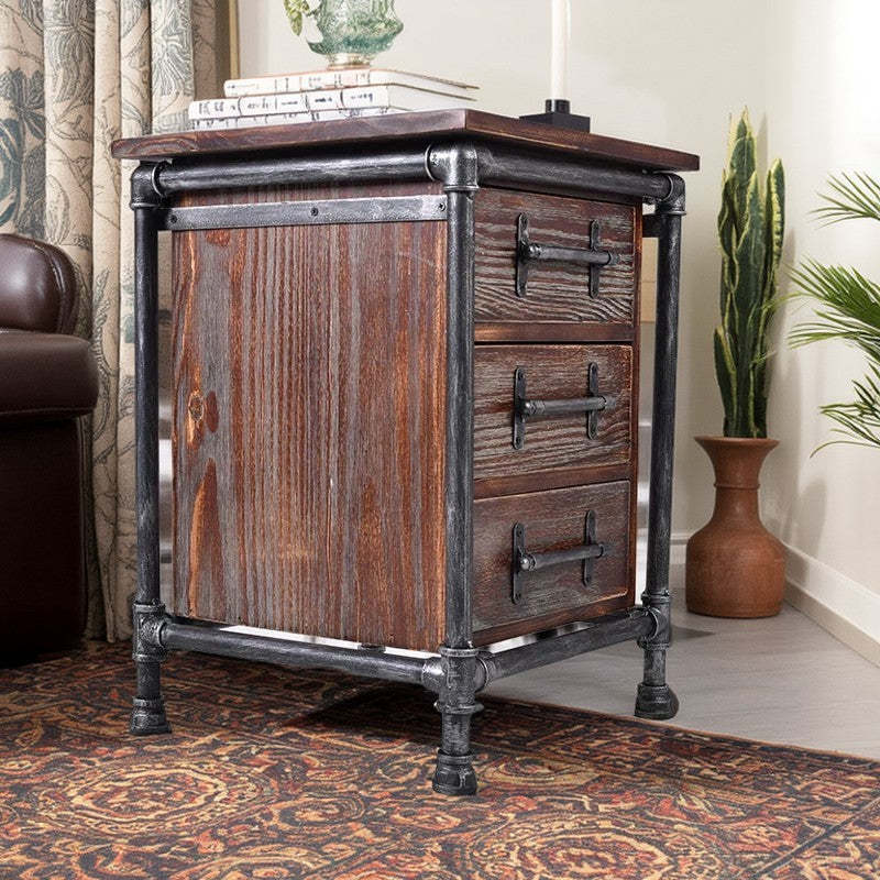 Industrial Square Iron Solid Wood 3-Drawer Nightstand