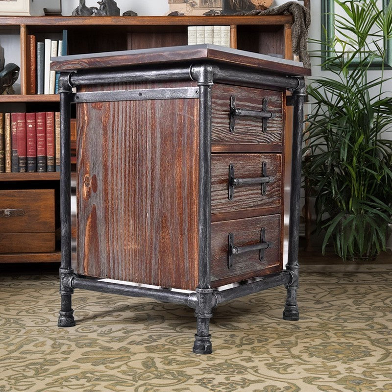 Industrial Square Iron Solid Wood 3-Drawer Nightstand
