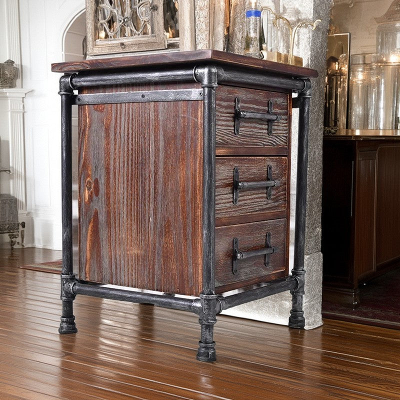 Industrial Square Iron Solid Wood 3-Drawer Nightstand
