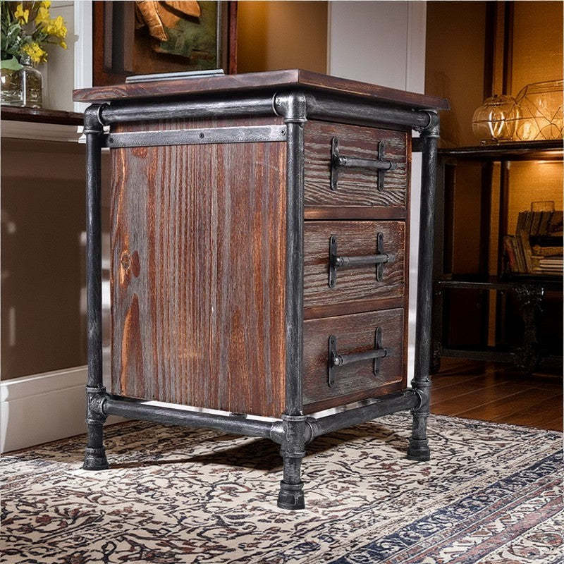 Industrial Square Iron Solid Wood 3-Drawer Nightstand — Brown