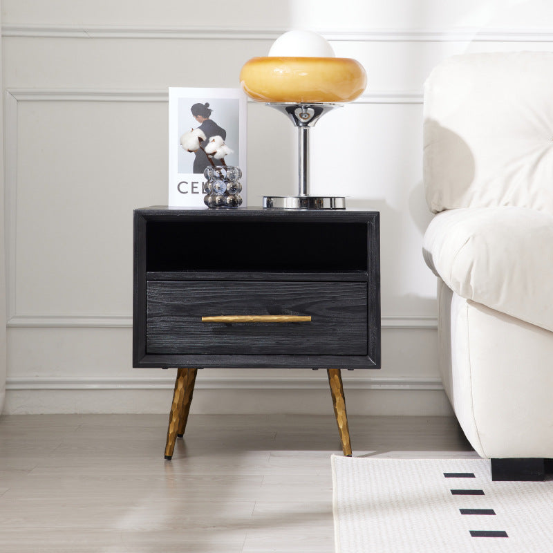 Minimalist Square Fir Ash Iron 1-Drawer Nightstand — Fir