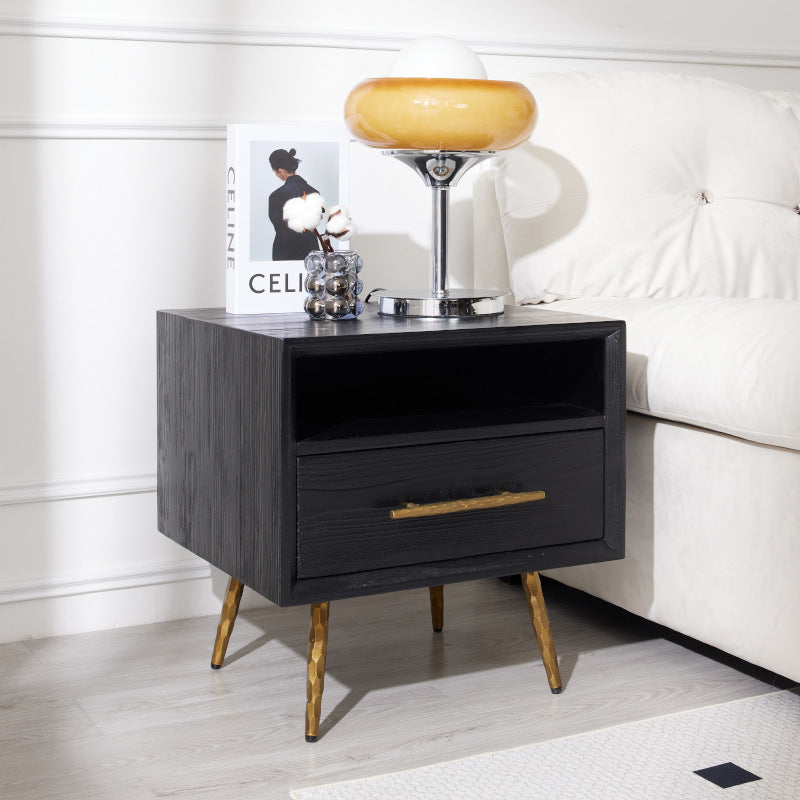 Minimalist Square Fir Ash Iron 1-Drawer Nightstand — Ash