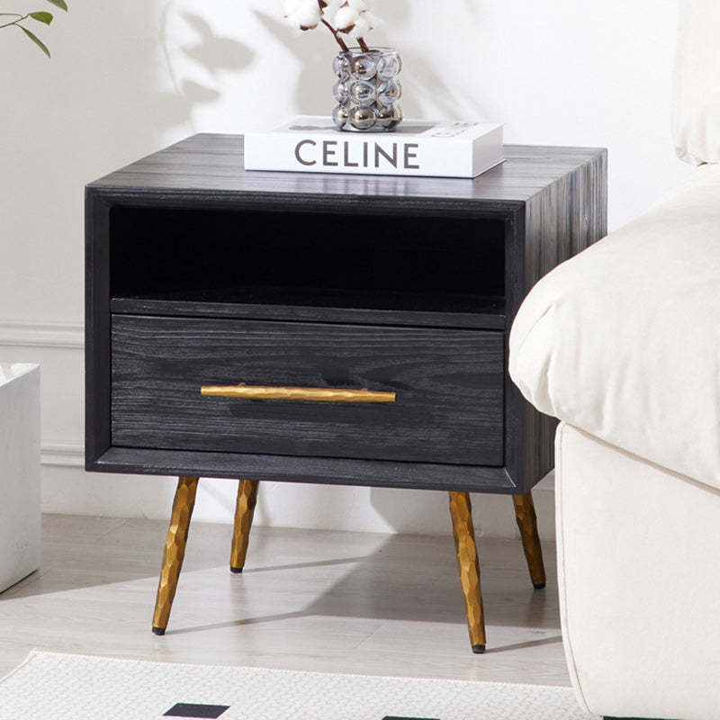 Minimalist Square Fir Ash Iron 1-Drawer Nightstand