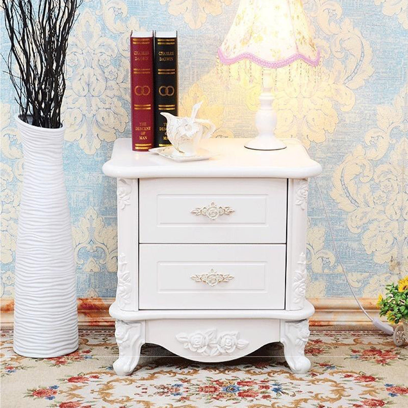 European Carved Solid Wood 2-Drawer Square Nightstand