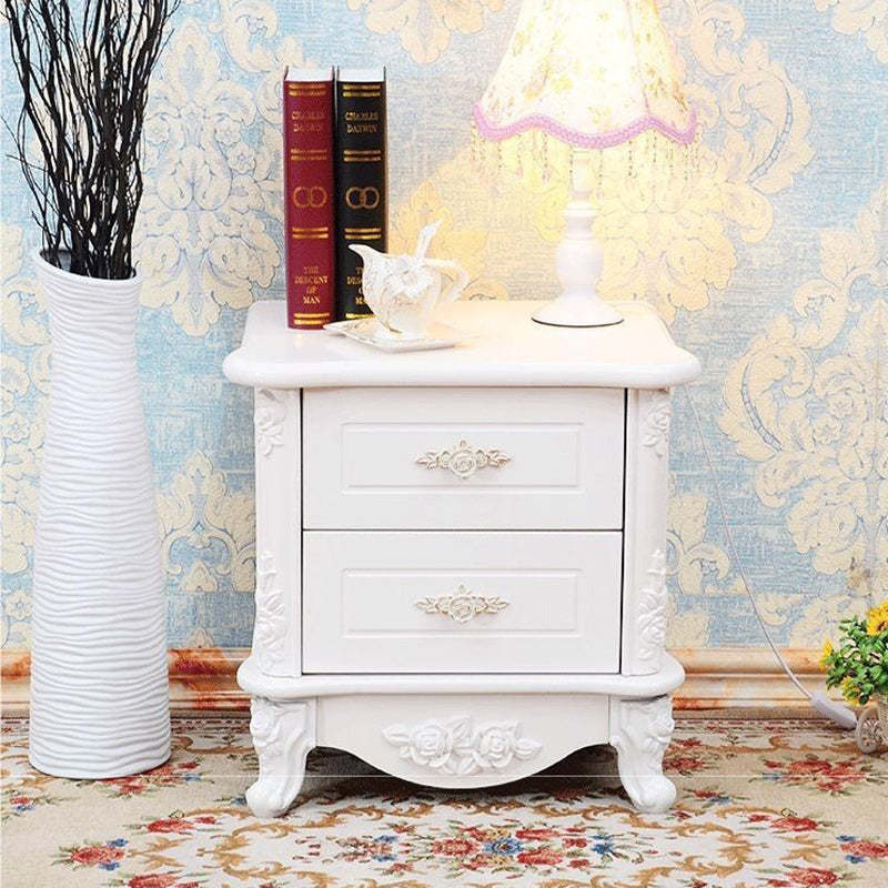 European Carved Solid Wood 2-Drawer Square Nightstand — Matt White