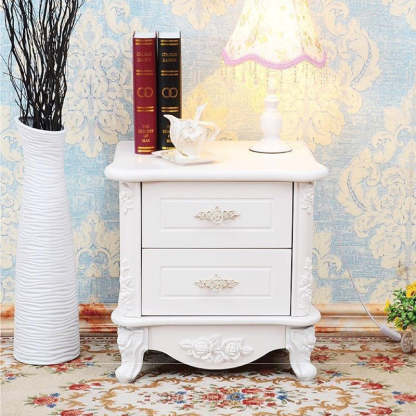 European Carved Solid Wood 2-Drawer Square Nightstand — Matt White