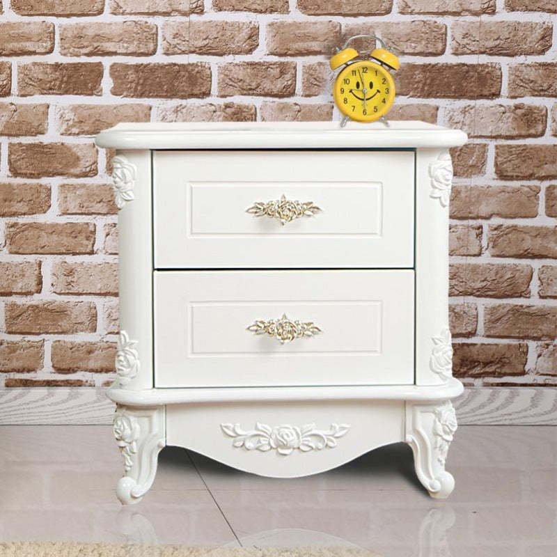 European Carved Solid Wood 2-Drawer Square Nightstand — Ivory White
